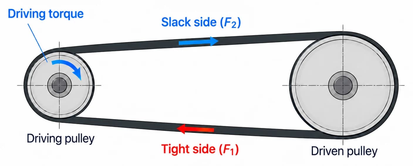 Open belt drive: the driving pulley on the left pulls the lower tight side with the larger force F1; the upper slack side runs toward the driven pulley with the smaller force F2.